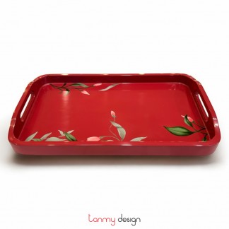 Red rectangle lacquer tray hand-painted with leaves 15*25cm